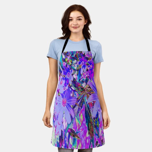 紫トリップ（幻覚体験）のようなとマゼンタの野カラフル花 エプロン (着用した状態)