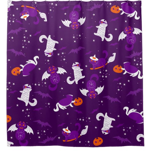 紫ハロウィーン猫ミイラ吸血鬼こうもり魔女 シャワーカーテン (正面)