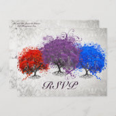 紫ハートツリー結婚のモノグラム応答カード インビテーションポストカード (正面/裏面)