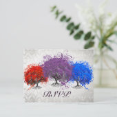 紫ハートツリー結婚のモノグラム応答カード インビテーションポストカード (スタンド正面)