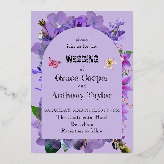 紫ハート 箔招待状 (正面)