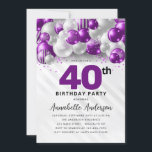 紫バイオレットシルバーグリッター40歳の誕生日 招待状<br><div class="desc">Glam紫モダン紫バイオレットシルバーバルーングリッター任意の年齢誕生日招待状</div>