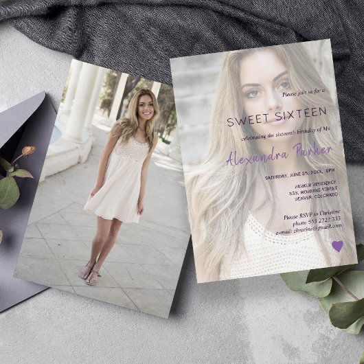 紫バイオレットシンプルハート写真sweet sixteen 招待状