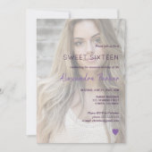 紫バイオレットシンプルハート写真sweet sixteen 招待状 (正面)