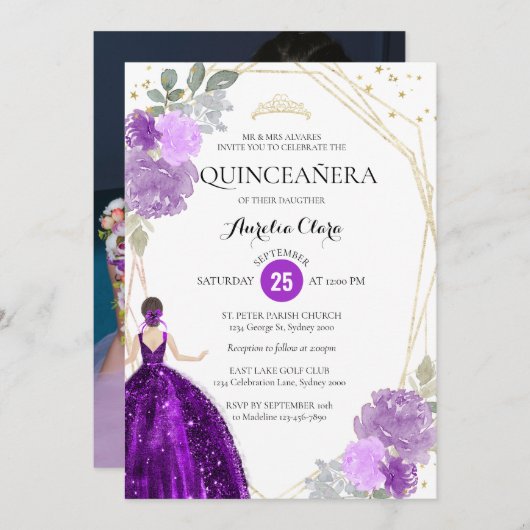 紫バイオレットフローラ幾何学写真キンセアニラ 招待状 (正面/裏面)