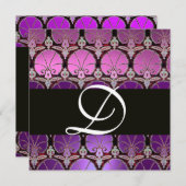 紫バイオレットブラックダマスクカーネーションズモノグラム 招待状 (正面/裏面)