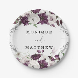 紫バイオレットホワイトローズシルバージオメトリック結婚ス ペーパープレート