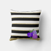 紫バラオンブラック、ホワイト、金ゴールドクッシストライプョン クッション (裏面)