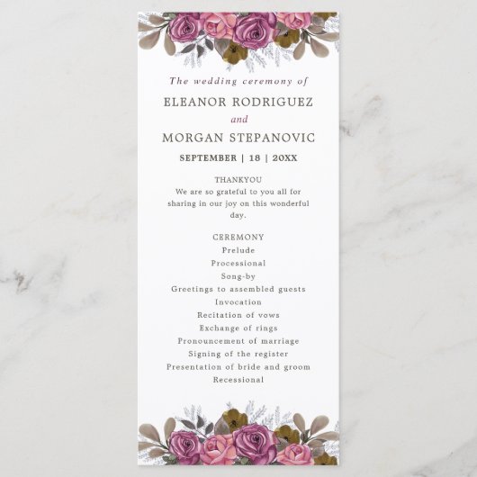 紫バラコーラルピンク結婚フローラの儀式 プログラム (正面)