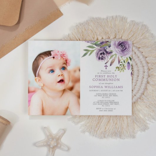 紫バラフローラフォトガールファースト聖餐式 招待状