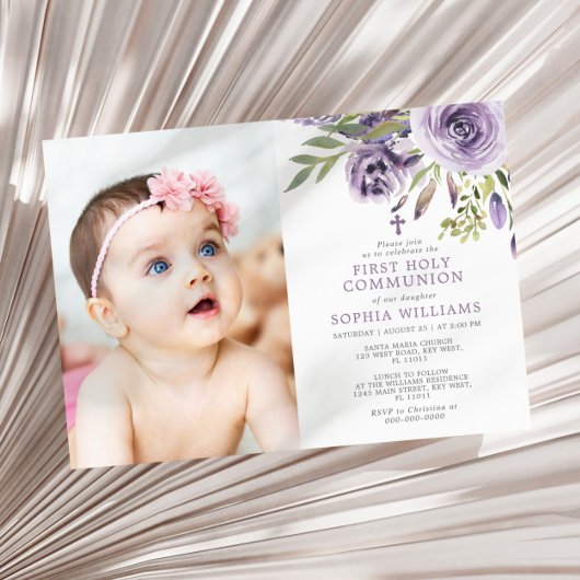 紫バラフローラフォトガールファースト聖餐式 招待状