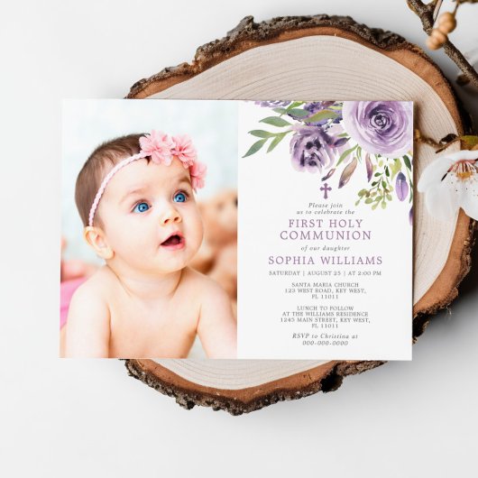 紫バラフローラフォトガールファースト聖餐式 招待状
