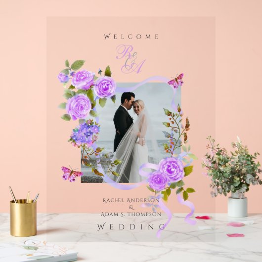 紫バラリボンモノグラム結婚写真 アクリルサイン (ウェディング)