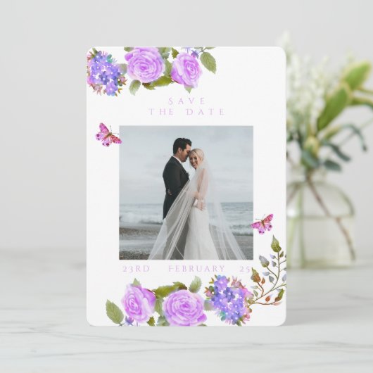 紫バラリボンモノグラム結婚写真 セーブザデート (スタンド正面)
