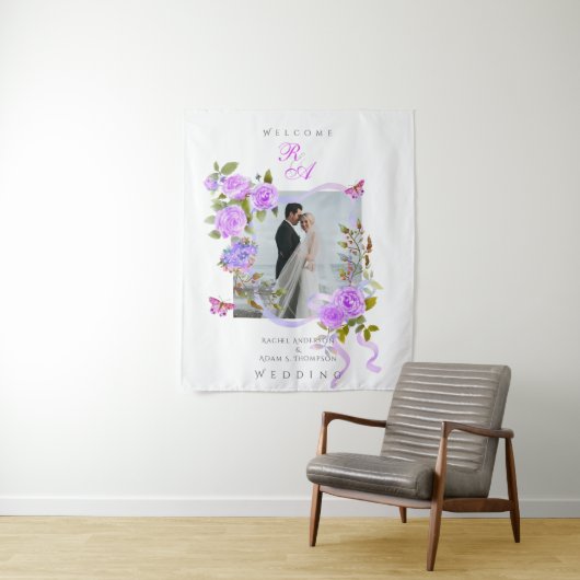 紫バラリボンモノグラム結婚写真 タペストリー (インサイチュ)