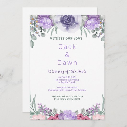 紫バラ水彩額縁結婚式招待状 招待状 (正面/裏面)