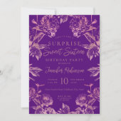 紫バラ金ゴールドフローラフォトサプライズSweet 16 招待状 (正面)