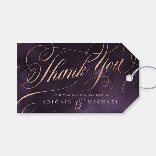 紫バラ金ゴールド結婚書道の感謝していあなた ギフトタグ (正面(横))