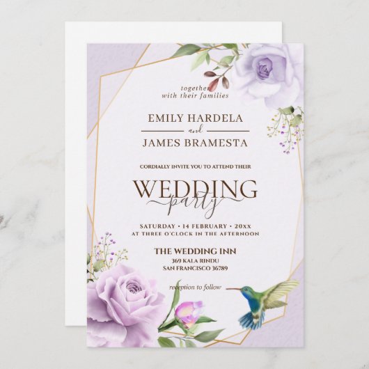 紫バラ鳥フローラフレーム水の色結婚の 招待状 (正面/裏面)