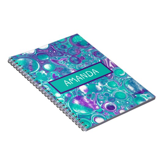 紫パーソナライズされたとティール(緑がかった色)の大理石の流体アートなし ノートブック (右側)