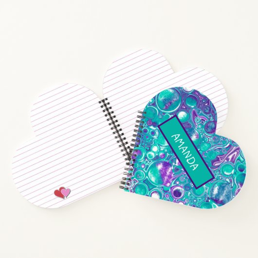 紫パーソナライズされたとティール(緑がかった色)の大理石の流動的アート ノートブック (内部)