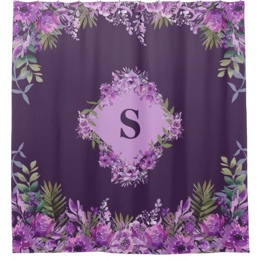 紫パーソナライズされたとナスのフローラ シャワーカーテン (正面)
