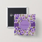 紫パーソナライズされたと白のフローラ四角ボタン 缶バッジ (正面&裏面)