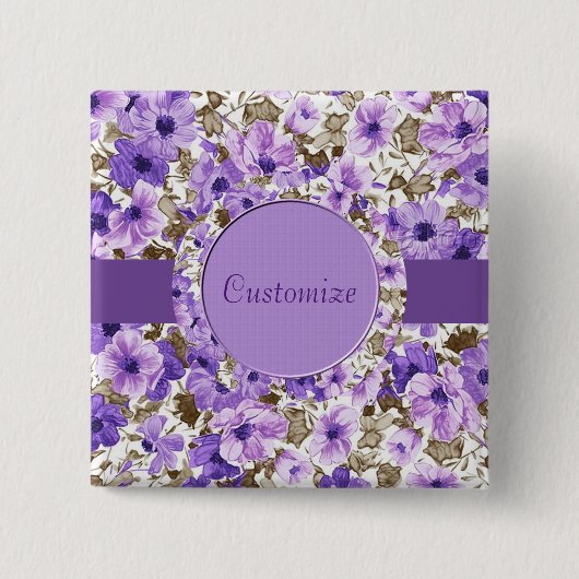 紫パーソナライズされたと白のフローラ四角ボタン 缶バッジ (正面)