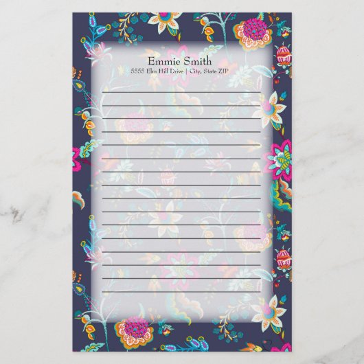 紫パーソナライズされたと金ゴールドフローラ付きネイビーブルー 便箋 (正面)