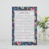 紫パーソナライズされたと金ゴールドフローラ付きネイビーブルー 便箋 (スタンド正面)