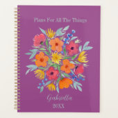 紫パーソナライズされたに水色の花 プランナー手帳 (正面)