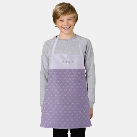 紫パーソナライズされたのシンプル弓パターンキッズ エプロン (着用した状態)
