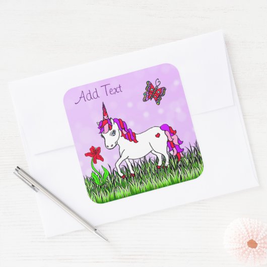 紫パーソナライズされたの一角花と蝶 スクエアシール (封筒)