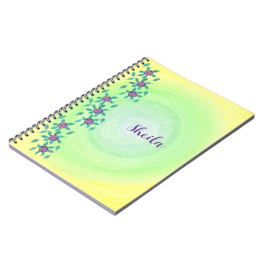 紫パーソナライズされたの花黄色の緑のノートブック ノートブック (左側)