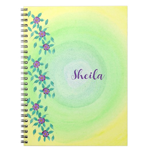 紫パーソナライズされたの花黄色の緑のノートブック ノートブック (正面)