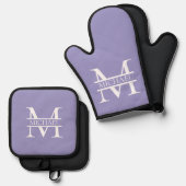 紫パーソナライズされたエレガントモノグラムと名前 鍋つかみ&鍋敷きセット (正面/裏面)