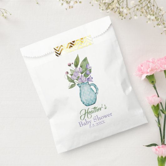 紫パーソナライズされたスイートピー花赤ちゃんシャワー フェイバーバッグ (封をした状態)