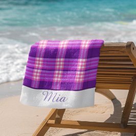 紫パーソナライズされたピンクプレイドビーチタオル ビーチタオル