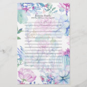 紫パーソナライズされたブルーサボテンとフローラホワイト 便箋 (正面)