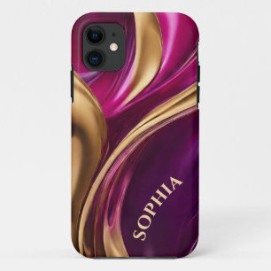 紫パーソナライズされたモダンと金ゴールドの明るい赤紫色 iPhone 11 ケース