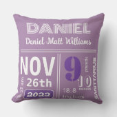紫パーソナライズされたモダン誕生発表 クッション (正面)