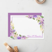 紫パーソナライズされたラベンダー水色フローラ ノートカード (正面/裏面インサイチュ)