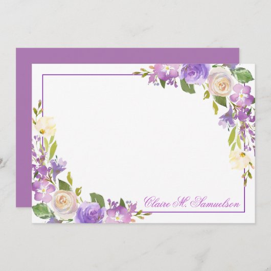 紫パーソナライズされたラベンダー水色フローラ ノートカード (正面/裏面)
