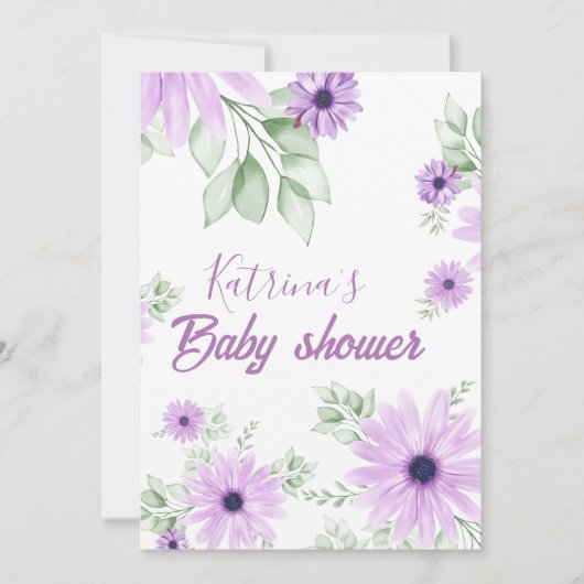 紫パーソナライズされた水色フローラ磁気 招待状 (正面)