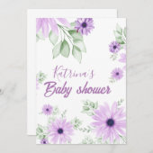 紫パーソナライズされた水色フローラ磁気 招待状 (正面/裏面)