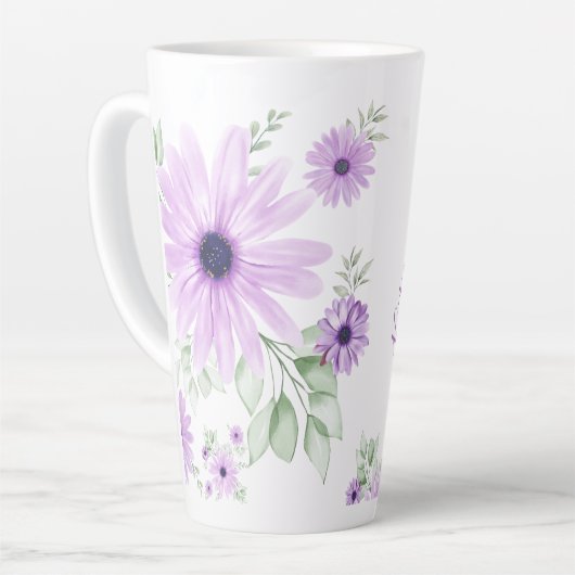 紫パーソナライズされた緑、水色の花 カフェラテマグ (左アングル)