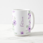 紫パーソナライズされた緑、水色の花 コーヒーマグカップ (正面右)