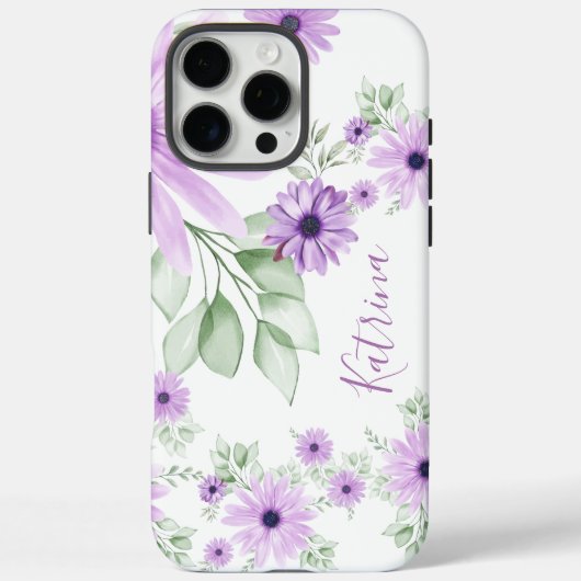 紫パーソナライズされた緑、水色の花 Case-Mate iPhoneケース (裏面)