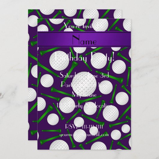 紫パーソナライズされた色のゴルフボールティーを名付ける 招待状 (正面/裏面)