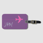 紫パーソナライズされた色のピンク色のモノグラムの飛行機 ラゲッジタグ (正面横)
